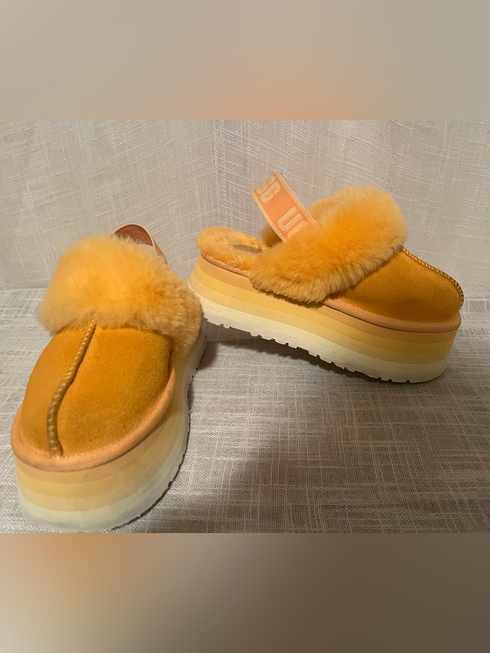 UGG Platform Shearling Slingback Slippers Yellow Orange Logo Strap